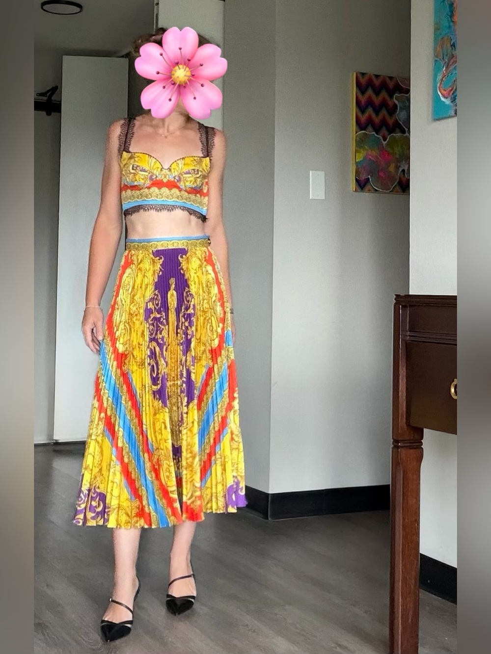Versace Gold Multi Baroque Pleated Midi Skirt